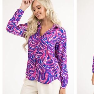 O2 Magenta and Cobalt Abstract Button Up Blouse, size M worn once